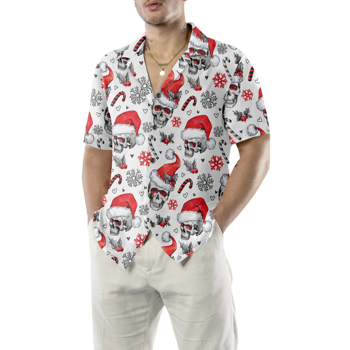 Drune | Weihnachts-Schädel mit Zuckerstangen Weiße Version Weihnachts-Hawaiian-Shirt, Schädel Weihnachts-Hawaiian-Shirt für Herren