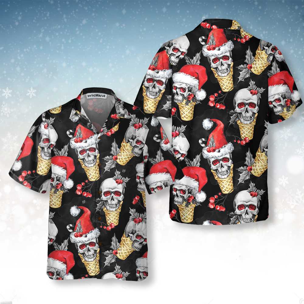 Drune | Weihnachts-Schädel mit Waffeltüte Hawaiian Shirt, Lustiges Schädel Weihnachts-Shirt, Bestes Geschenk für Weihnachten