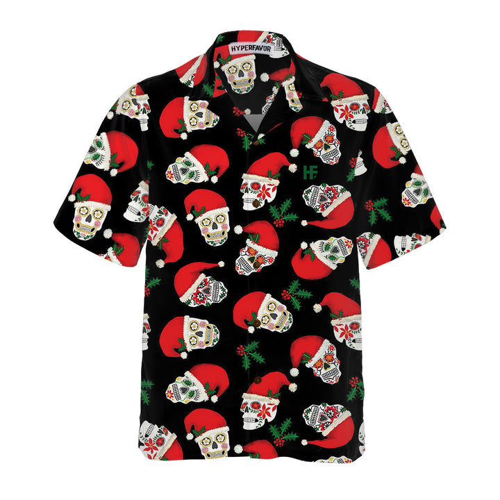 Drune | Weihnachts-Zucker-Schädel nahtloses Muster Hawaii-Hemd, lustiges Santa Claus Hemd, bestes Geschenk zu Weihnachten