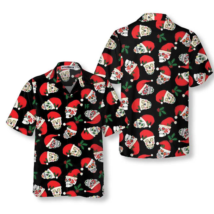 Drune | Weihnachts-Zucker-Schädel nahtloses Muster Hawaii-Hemd, lustiges Santa Claus Hemd, bestes Geschenk zu Weihnachten