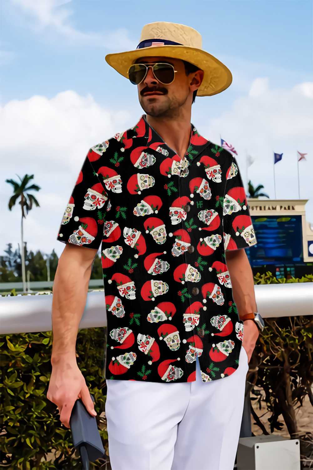 Drune | Weihnachts-Zucker-Schädel nahtloses Muster Hawaii-Hemd, lustiges Santa Claus Hemd, bestes Geschenk zu Weihnachten