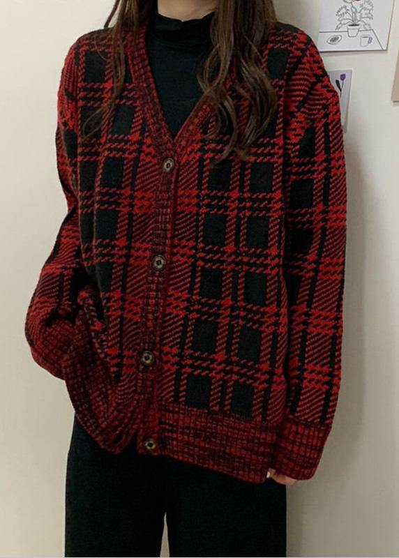 Drune | rote karierte Strickmäntel Locker sitzende Winterstrick Sweat-Tops V-Ausschnitt