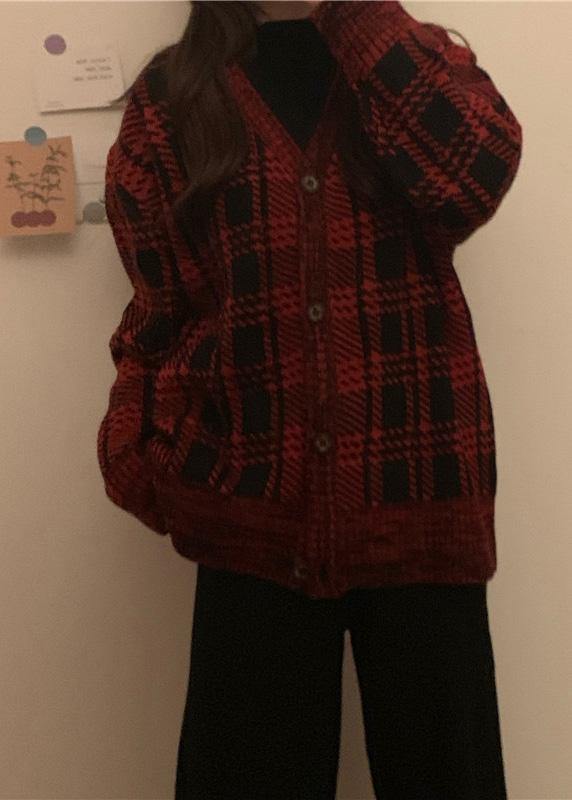 Drune | rote karierte Strickmäntel Locker sitzende Winterstrick Sweat-Tops V-Ausschnitt