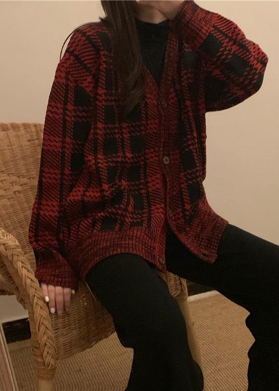 Drune | rote karierte Strickmäntel Locker sitzende Winterstrick Sweat-Tops V-Ausschnitt