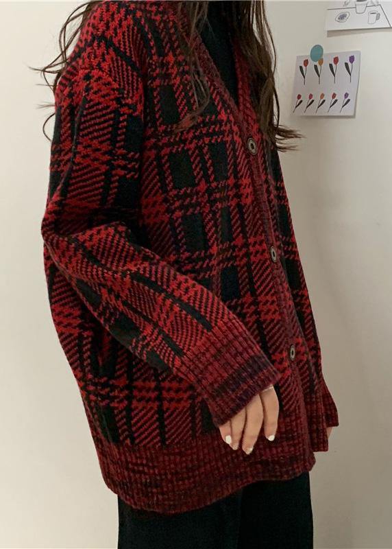 Drune | rote karierte Strickmäntel Locker sitzende Winterstrick Sweat-Tops V-Ausschnitt