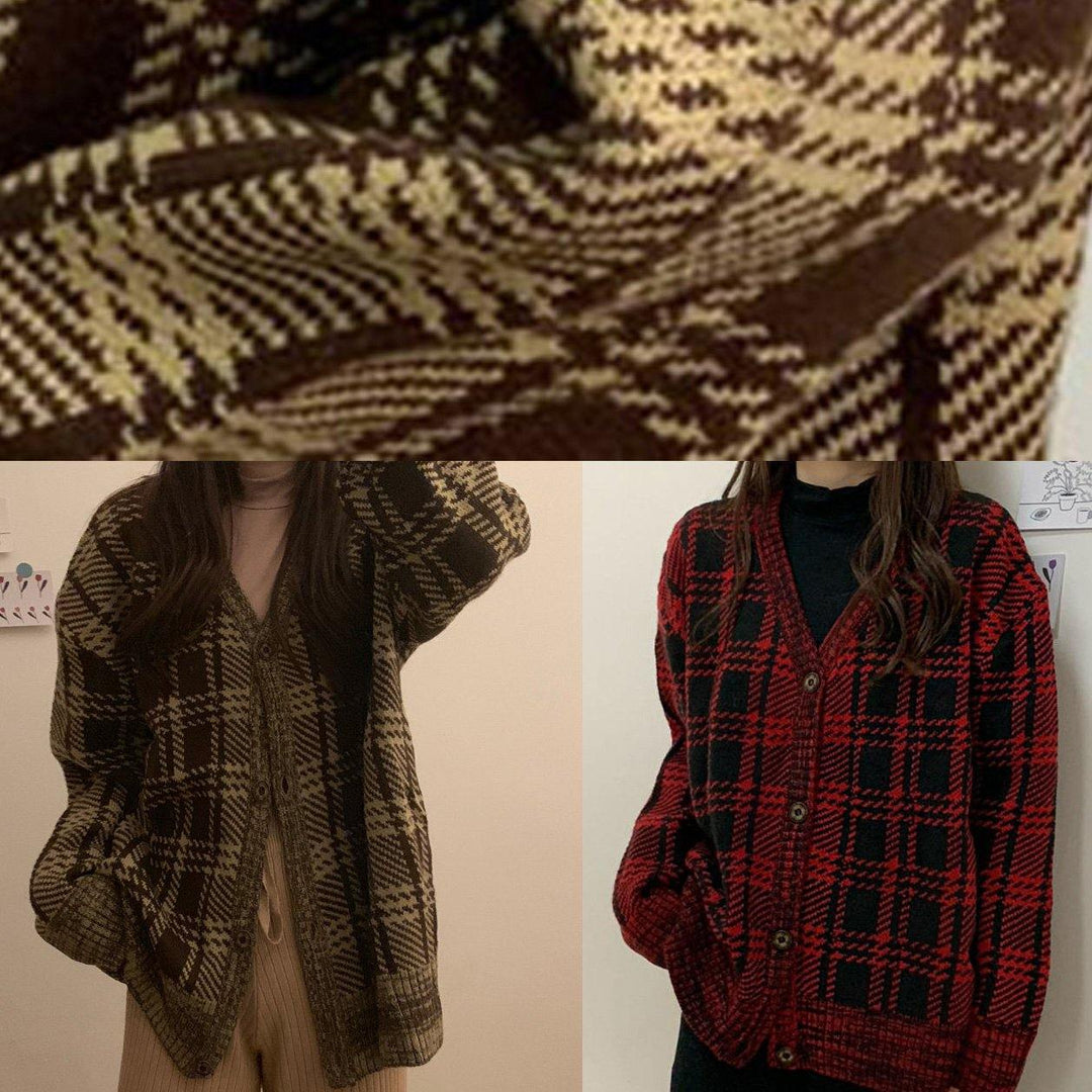 Drune | rote karierte Strickmäntel Locker sitzende Winterstrick Sweat-Tops V-Ausschnitt