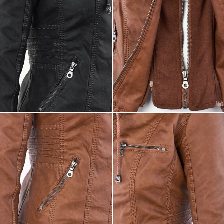 Drune | Wasserdichte Damen Lederjacke Mit Abnehmbarem Kapuzen