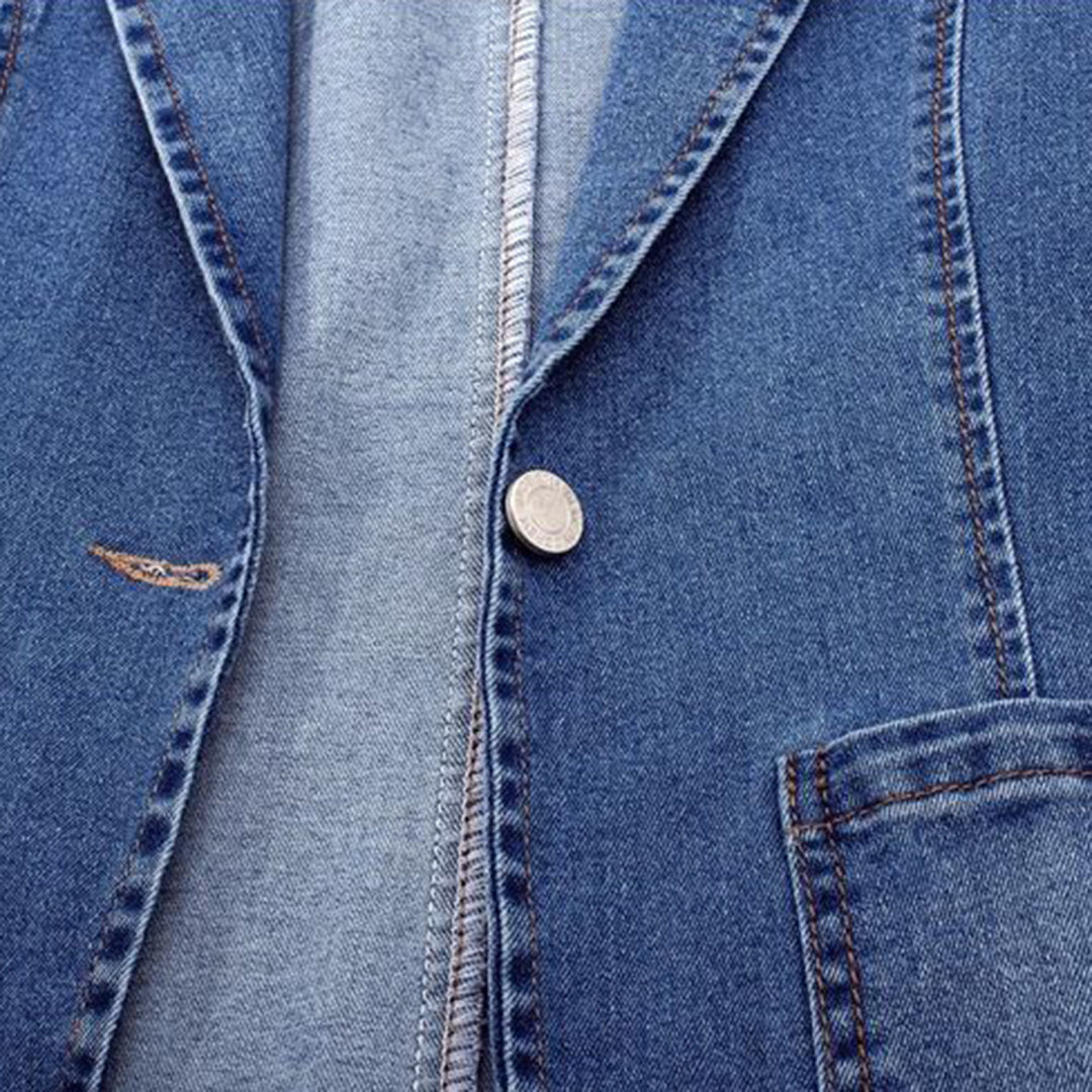 Drune | Vintage blauer Denim-Blazer mit Taschen und Knopf Perfekt für lässige Tage