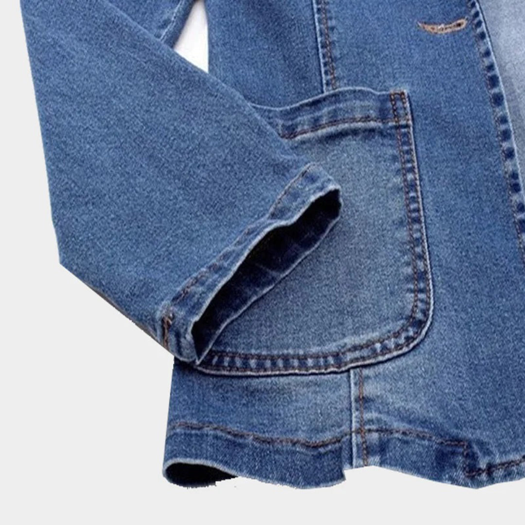 Drune | Vintage blauer Denim-Blazer mit Taschen und Knopf Perfekt für lässige Tage