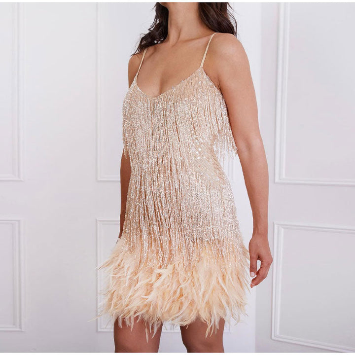 Drune | Spagetti Träger Federn Minikleid Partykleid