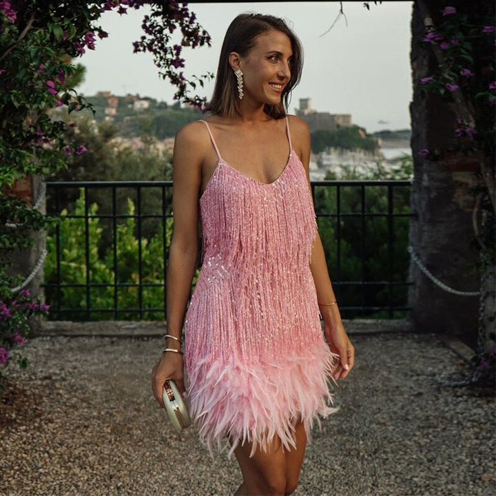 Drune | Spagetti Träger Federn Minikleid Partykleid