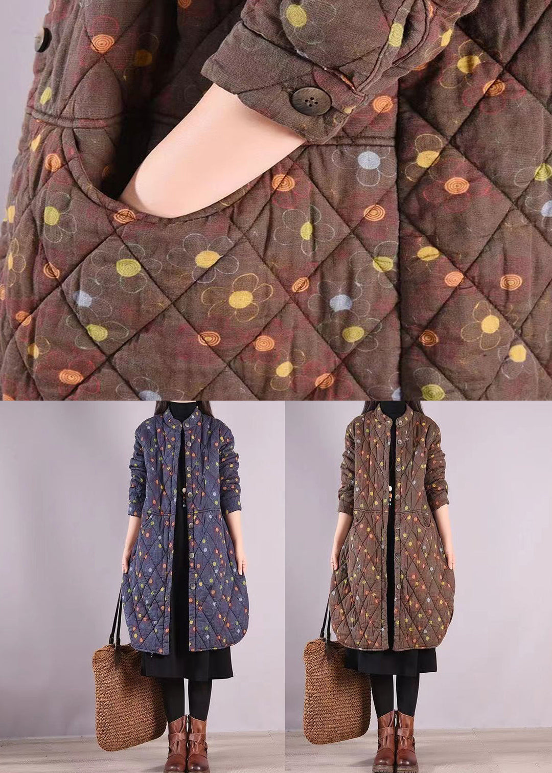 Drune | Drucktaschen Patchwork Feine Baumwolle Gefüllte Mäntel Stehkragen Winter