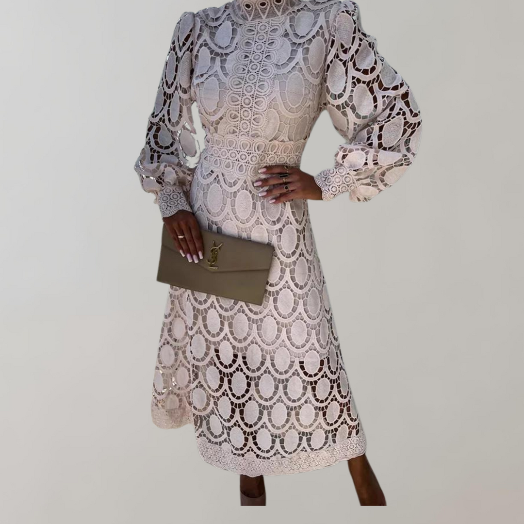 Drune - Midikleid mit hohem Halsausschnitt und Spitzendetails | Kleid mit Puffärmeln und taillierten Bündchen