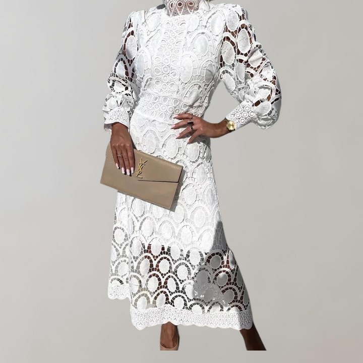 Drune - Midikleid mit hohem Halsausschnitt und Spitzendetails | Kleid mit Puffärmeln und taillierten Bündchen