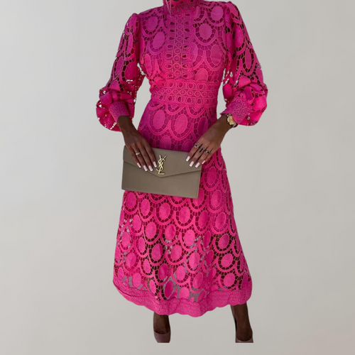 Drune - Midikleid mit hohem Halsausschnitt und Spitzendetails | Kleid mit Puffärmeln und taillierten Bündchen