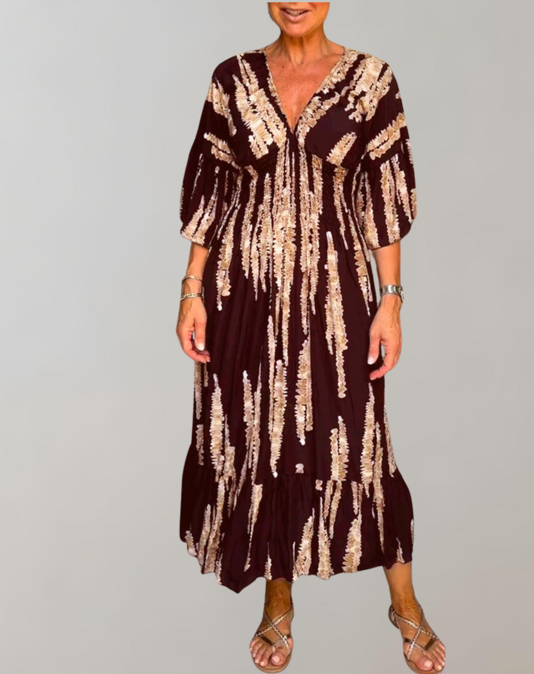 Drune - Bedrucktes Maxikleid | Abendkleid für Damen | fließendes Maxikleid mit V-Ausschnitt