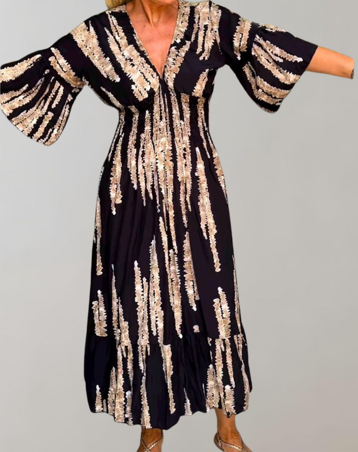 Drune - Bedrucktes Maxikleid | Abendkleid für Damen | fließendes Maxikleid mit V-Ausschnitt