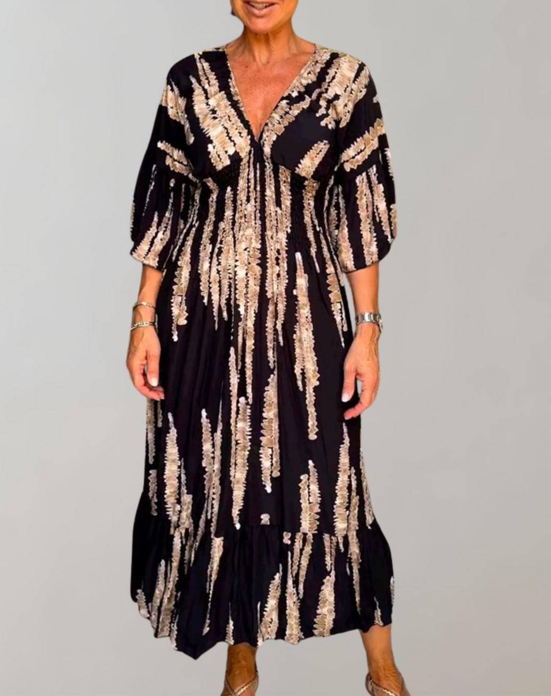 Drune - Bedrucktes Maxikleid | Abendkleid für Damen | fließendes Maxikleid mit V-Ausschnitt