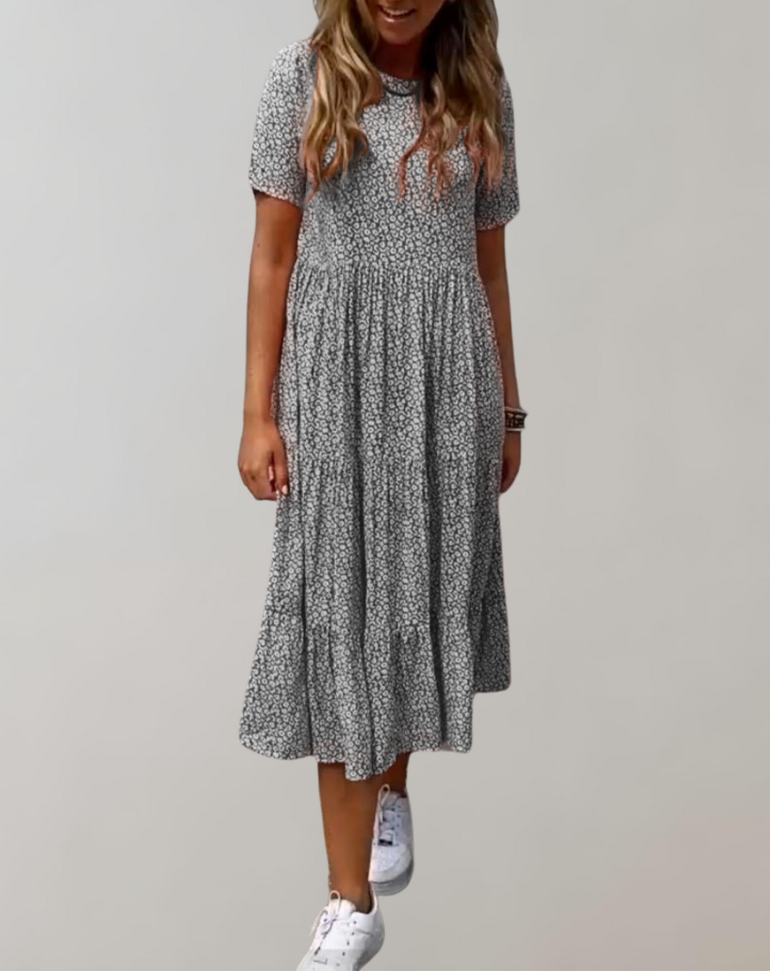 Drune - Lässiges, kurzärmliges Midikleid mit Blumenmuster | fließendes Kleid für Damen