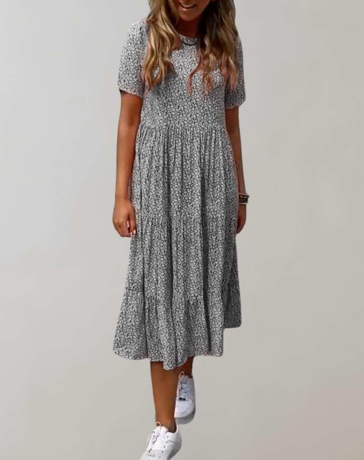 Drune - Lässiges, kurzärmliges Midikleid mit Blumenmuster | fließendes Kleid für Damen