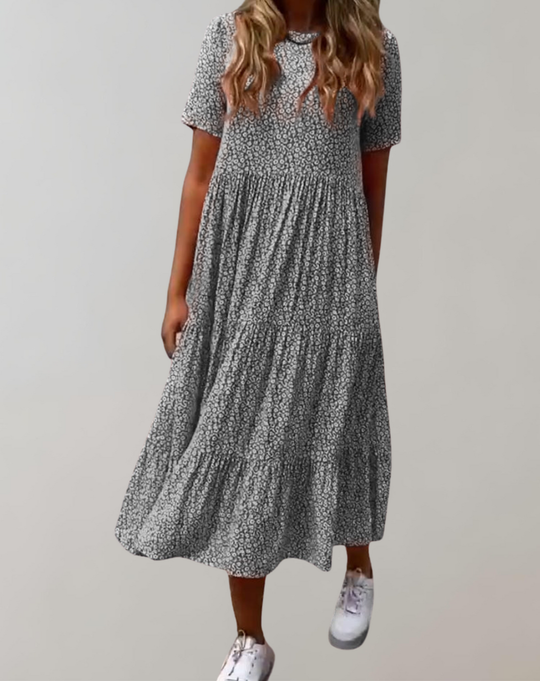Drune - Lässiges, kurzärmliges Midikleid mit Blumenmuster | fließendes Kleid für Damen