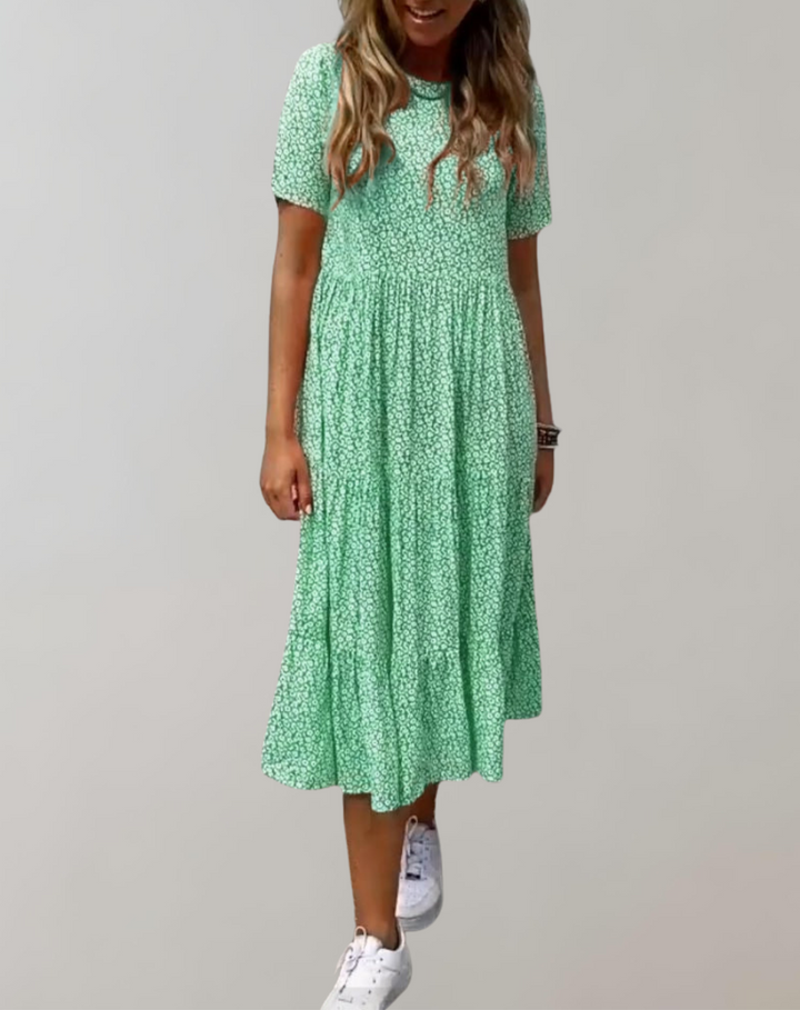Drune - Lässiges, kurzärmliges Midikleid mit Blumenmuster | fließendes Kleid für Damen