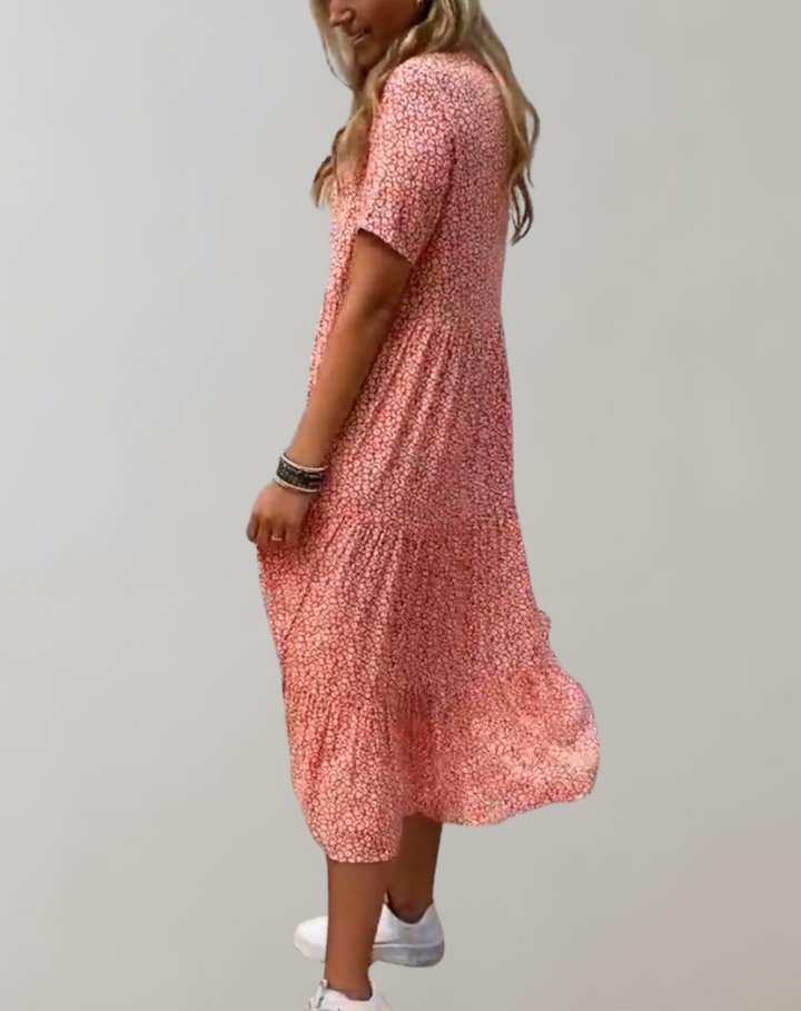 Drune - Lässiges, kurzärmliges Midikleid mit Blumenmuster | fließendes Kleid für Damen