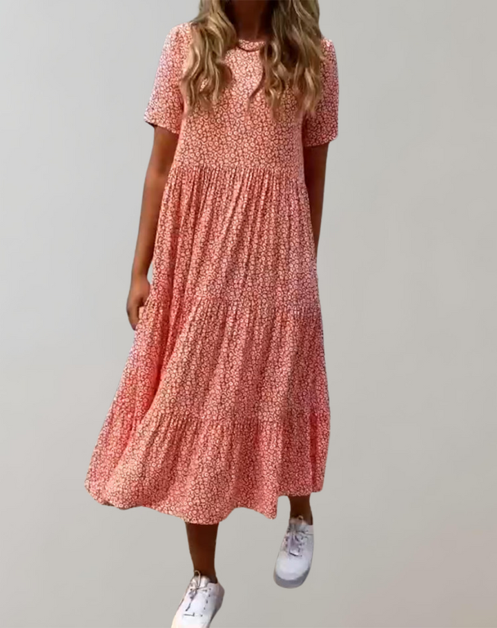 Drune - Lässiges, kurzärmliges Midikleid mit Blumenmuster | fließendes Kleid für Damen