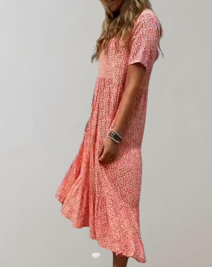 Drune - Lässiges, kurzärmliges Midikleid mit Blumenmuster | fließendes Kleid für Damen