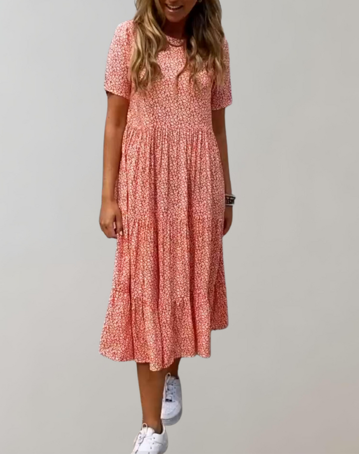 Drune - Lässiges, kurzärmliges Midikleid mit Blumenmuster | fließendes Kleid für Damen
