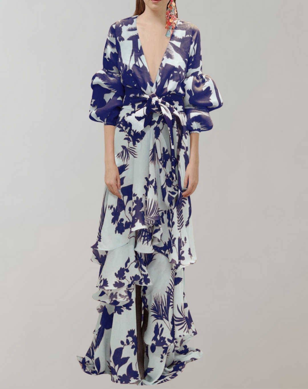 Drune - Maxikleid bedruckt | Taillenbundkleid mit Puffärmeln | Gehäkeltes Maxikleid