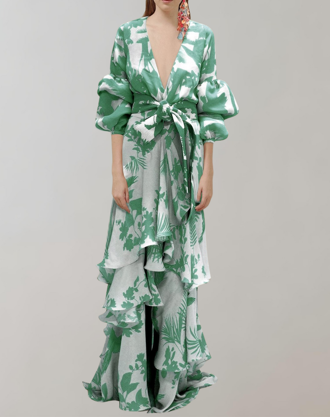 Drune - Maxikleid bedruckt | Taillenbundkleid mit Puffärmeln | Gehäkeltes Maxikleid