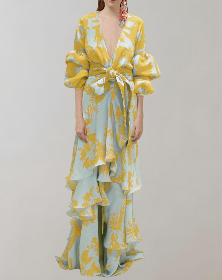Drune - Maxikleid bedruckt | Taillenbundkleid mit Puffärmeln | Gehäkeltes Maxikleid