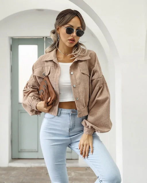 Drune | Knöpfen Laternenärmel Cropped Jacke Bomberjacke für Frauen