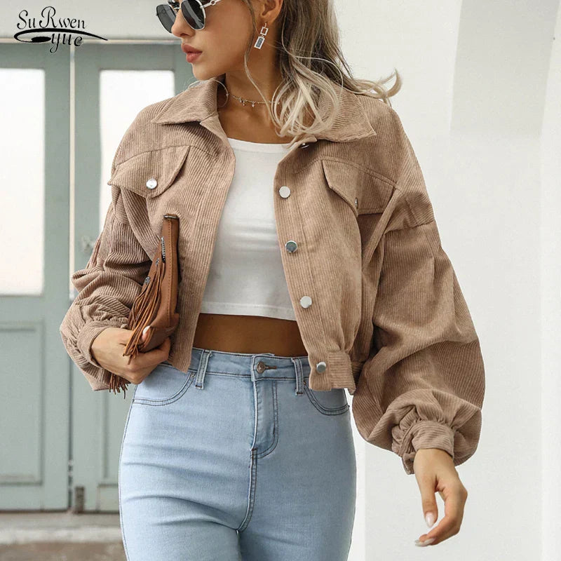 Drune | Knöpfen Laternenärmel Cropped Jacke Bomberjacke für Frauen