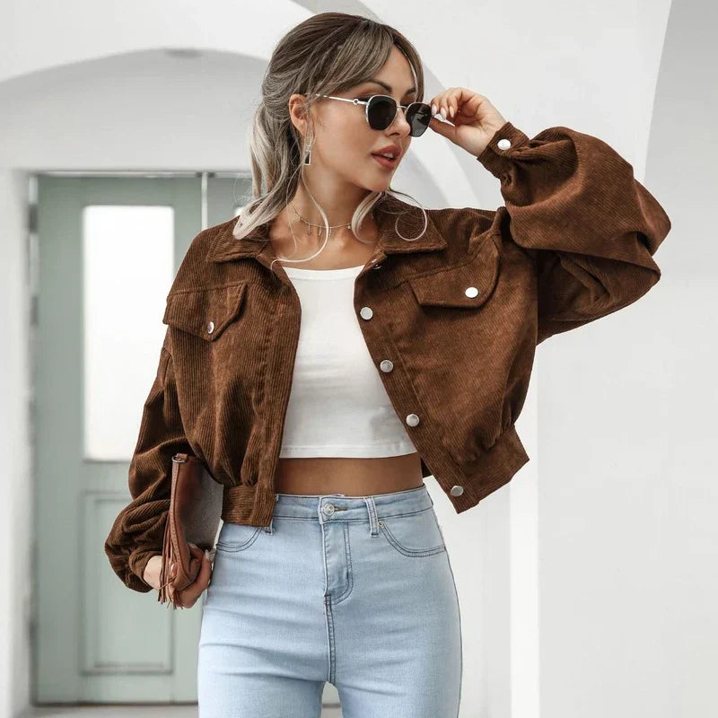 Drune | Knöpfen Laternenärmel Cropped Jacke Bomberjacke für Frauen