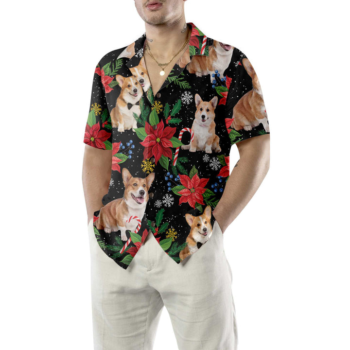 Drune | Corgi mit Weihnachtspflanzen Hawaiian Shirt, Lustiges Corgi Weihnachtshemd für Männer & Frauen, Bestes Weihnachtsgeschenk
