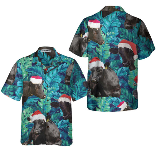 Drune | Kühe Schwarze Rinder Tragen Weihnachtsmann Hut Hawaiihemd, Tropisches Blattmuster Weihnachtshemd, Bestes Geschenk Für Weihnachten