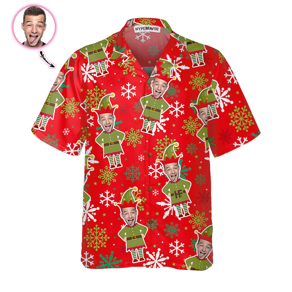 Drune | Benutzerdefiniertes Gesicht Weihnachts-Elf Benutzerdefiniertes Hawaiihemd, grünes Elfhemd, personalisiertes Geschenk für Weihnachten