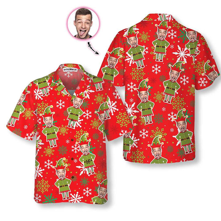Drune | Benutzerdefiniertes Gesicht Weihnachts-Elf Benutzerdefiniertes Hawaiihemd, grünes Elfhemd, personalisiertes Geschenk für Weihnachten