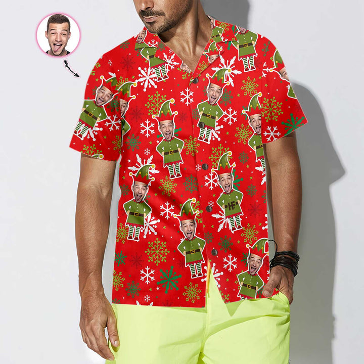 Drune | Benutzerdefiniertes Gesicht Weihnachts-Elf Benutzerdefiniertes Hawaiihemd, grünes Elfhemd, personalisiertes Geschenk für Weihnachten