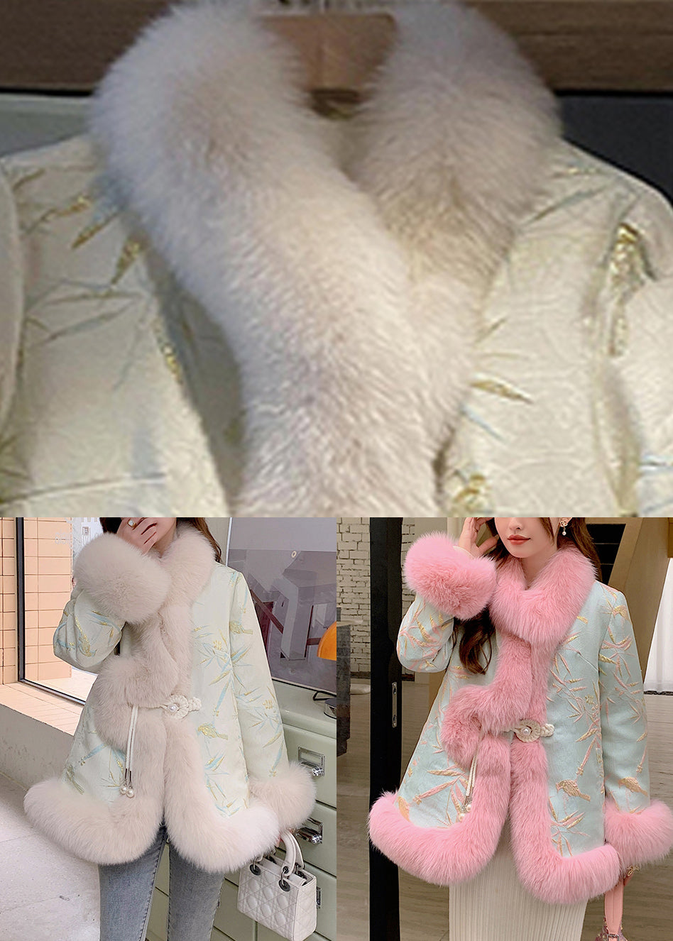 Drune | Beige Foxkragen Bestickte Leder- Und Pelzmäntel Winter