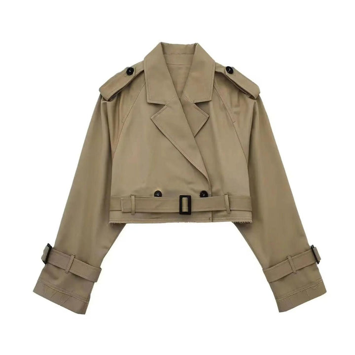 Drune | Damen - kurze beige Jacke mit doppelten Knöpfen und Gürtel für einen stilvollen Look