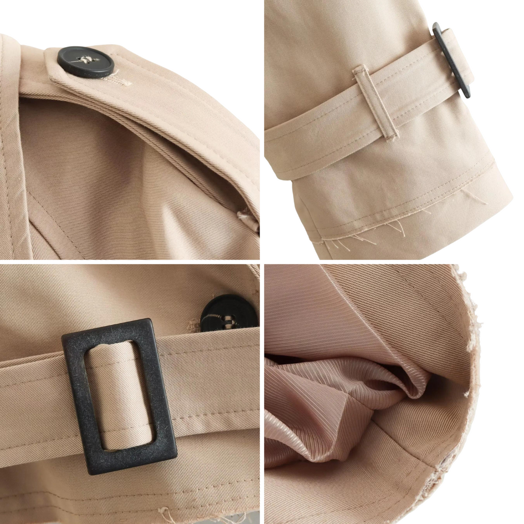 Drune | Damen - kurze beige Jacke mit doppelten Knöpfen und Gürtel für einen stilvollen Look