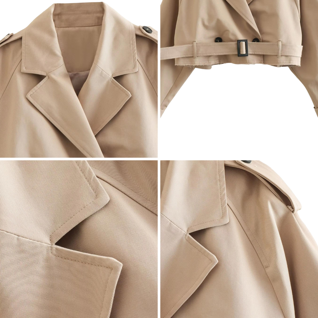 Drune | Damen - kurze beige Jacke mit doppelten Knöpfen und Gürtel für einen stilvollen Look