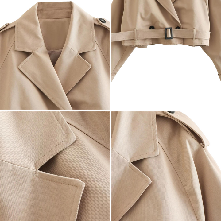 Drune | Damen - kurze beige Jacke mit doppelten Knöpfen und Gürtel für einen stilvollen Look