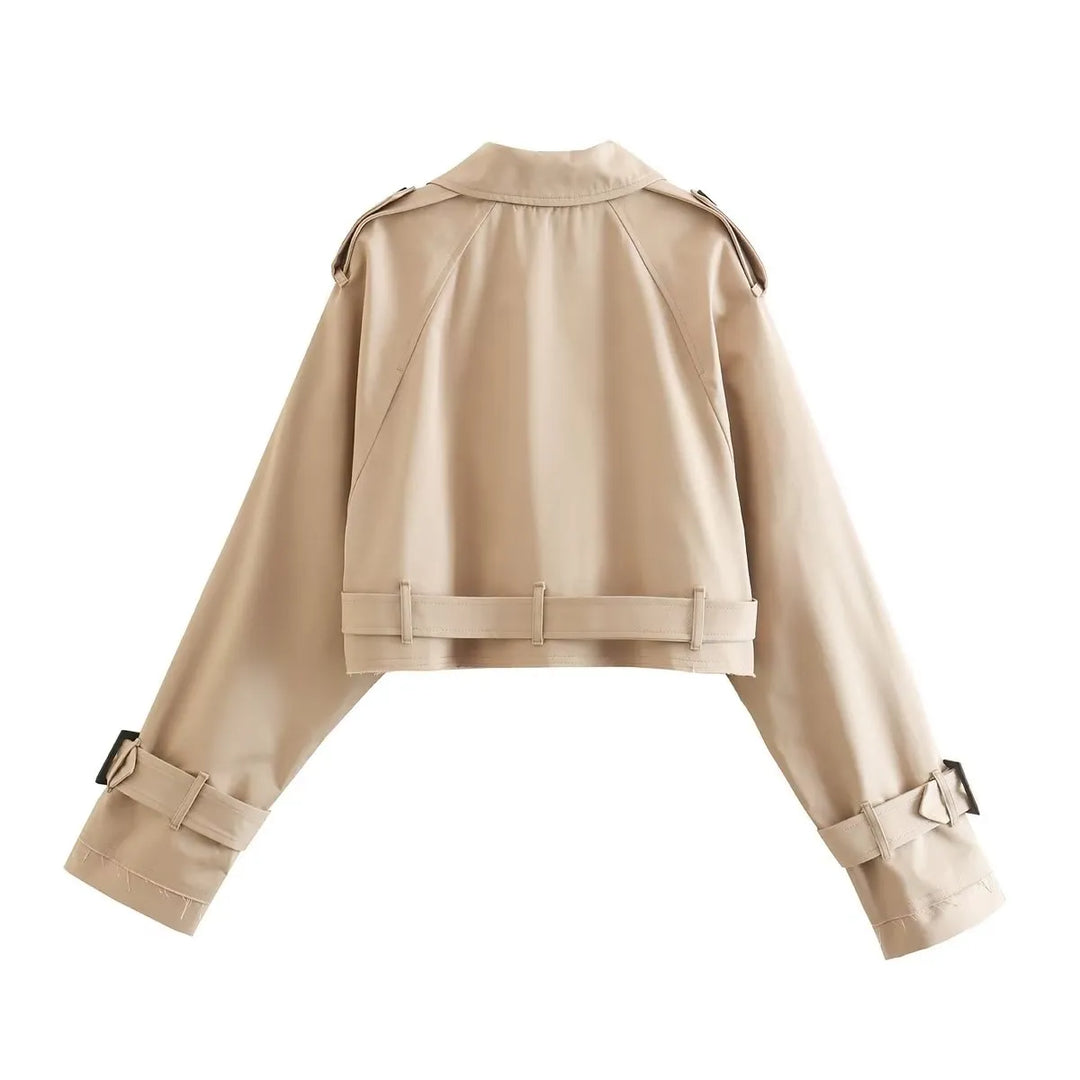 Drune | Damen - kurze beige Jacke mit doppelten Knöpfen und Gürtel für einen stilvollen Look