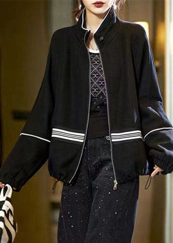 Drune | Schwarze Stehkragen Reißverschluss Zugband Patchwork Jacken