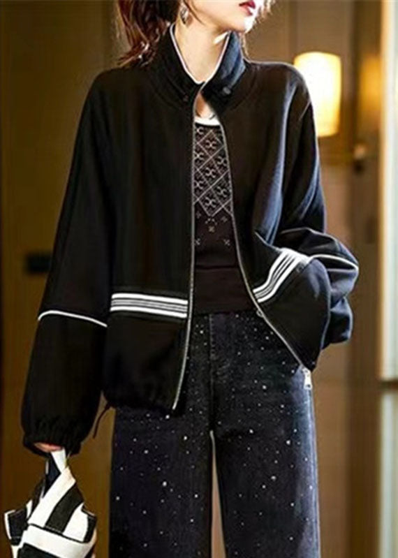 Drune | Schwarze Stehkragen Reißverschluss Zugband Patchwork Jacken