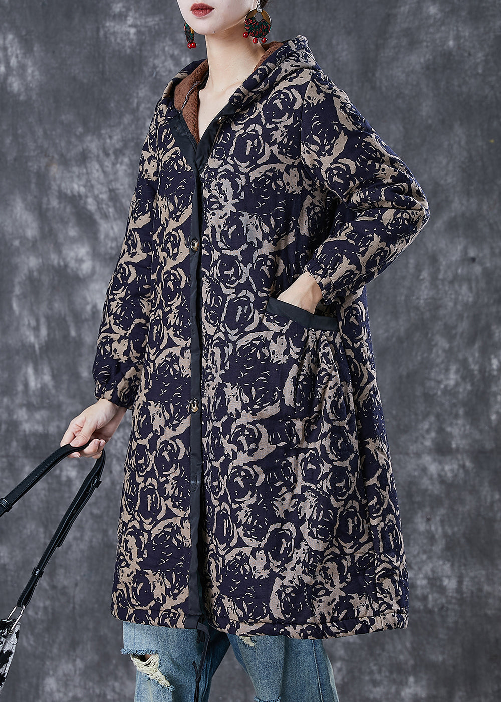 Drune | Navy Kapuzen Drucken Warme Fleecejacken Winter
